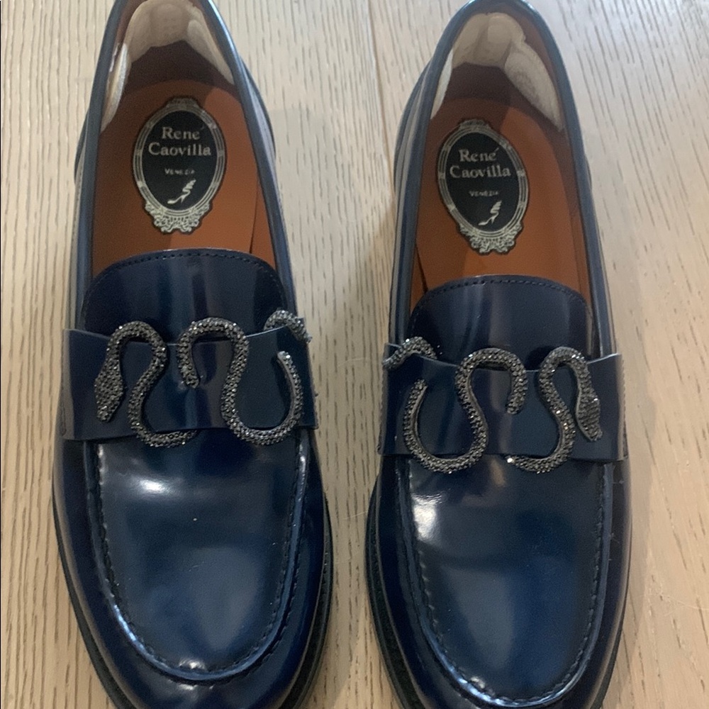 Rene Caovilla Blue Flats with Moccasin Toe